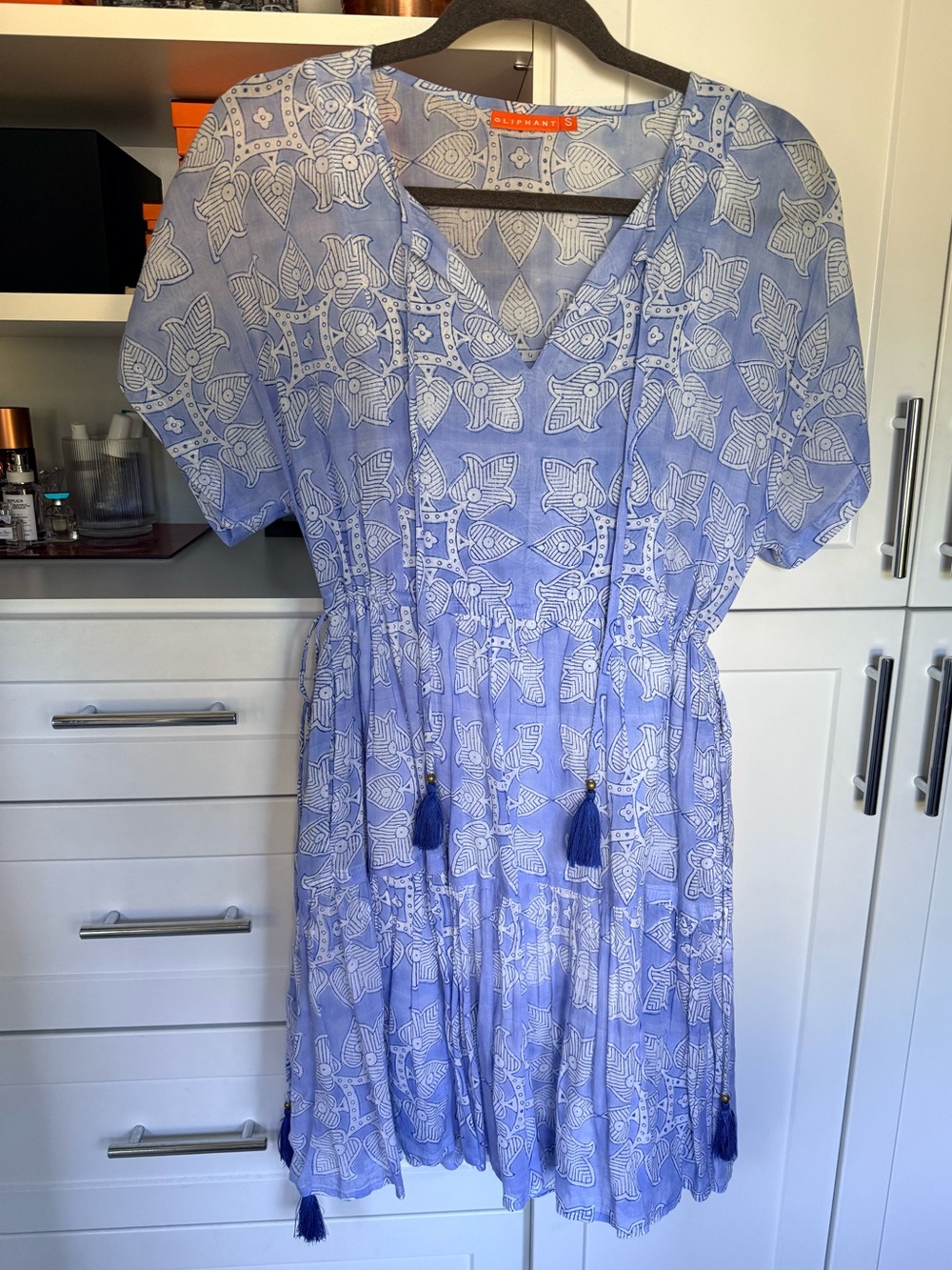 Oliphant Blue Printed V-Neck Tie-Waist Dress